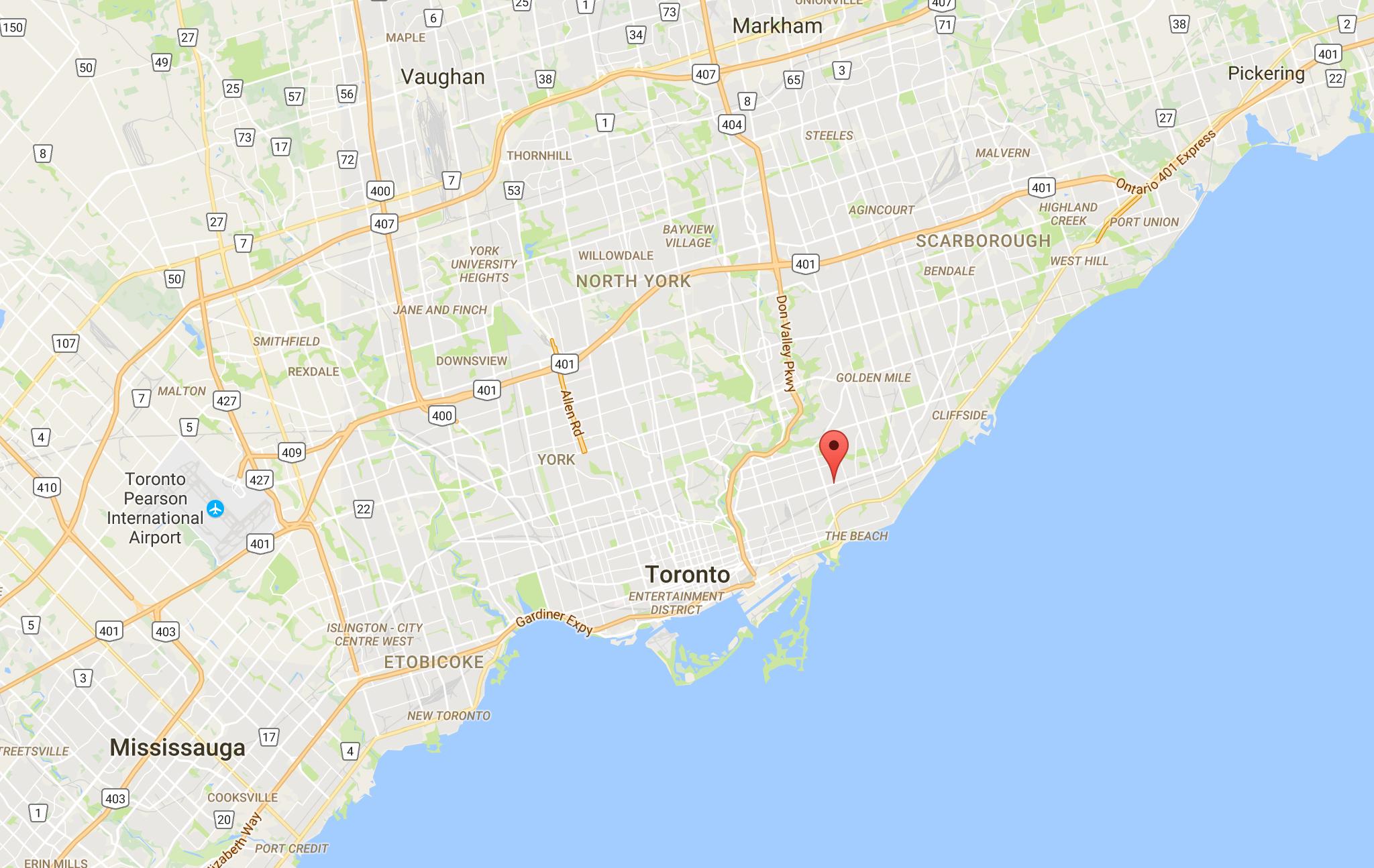 東Danforth地区のトロントで地図-地図の東Danforth地区はトロント(カナダ)