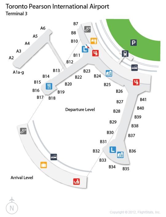 地図のトロントピアソン空港到着ベーターミナル3