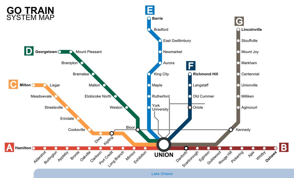 地図のトロントの列車の行き乗継