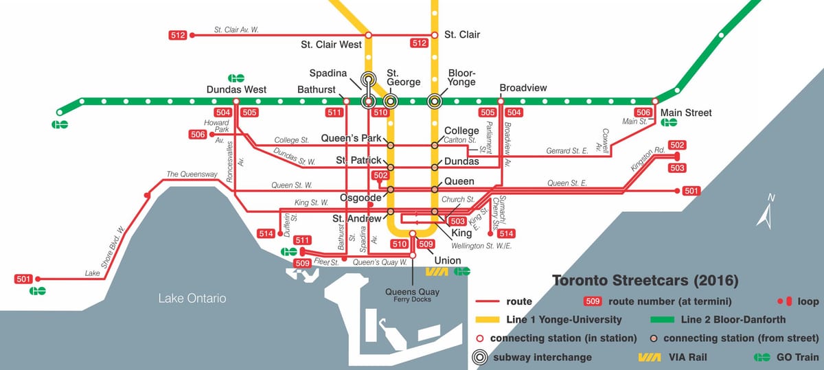 地図のトロント路面電車システム