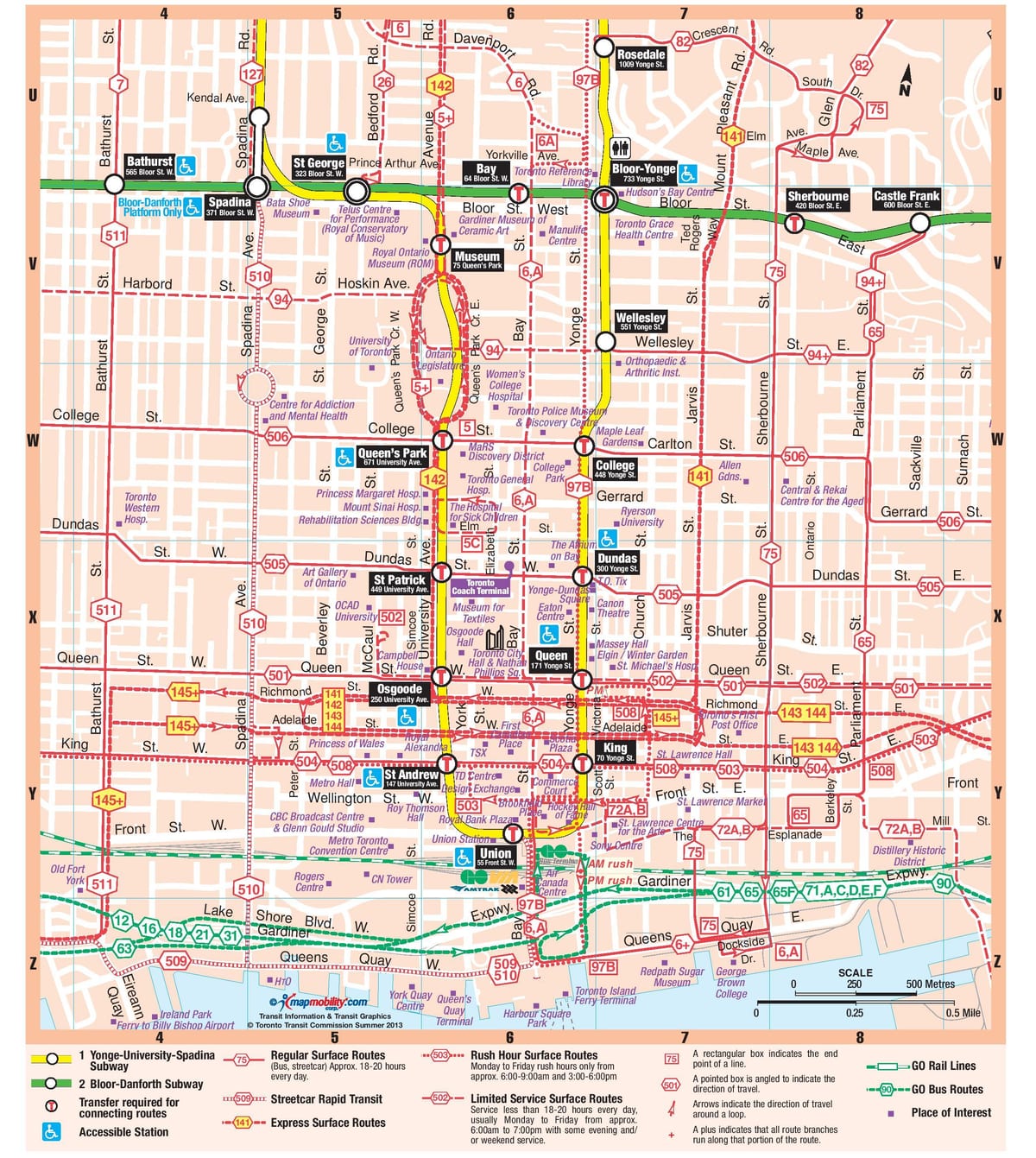 地図の地下鉄駅ダウンタウントロント