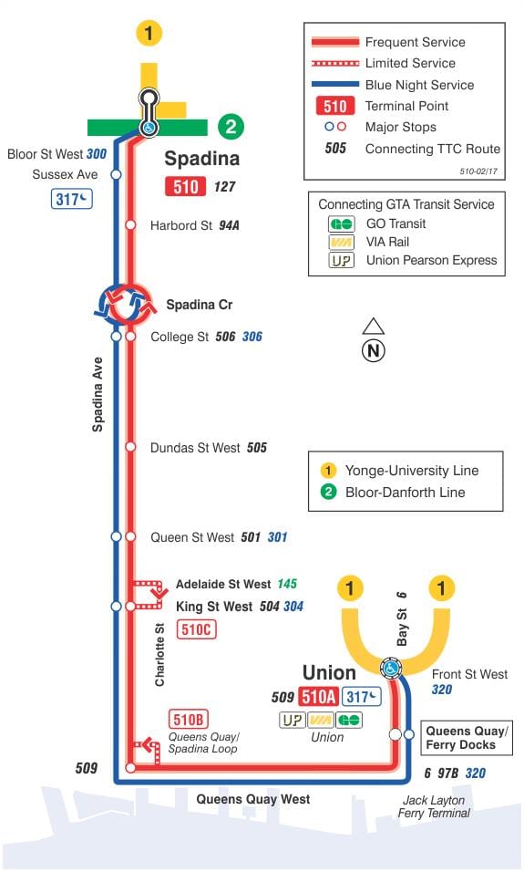 地図の路面電車線510Spadina