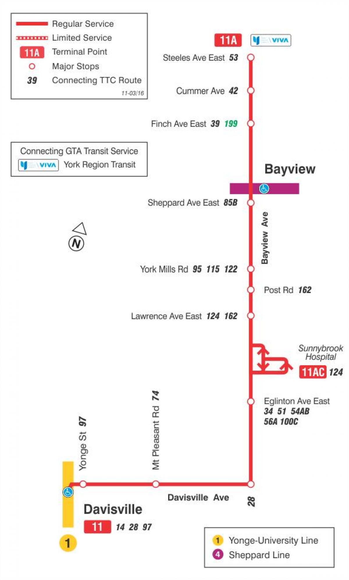 地図TTC11ベイビュー-アセットバス路線のトロント