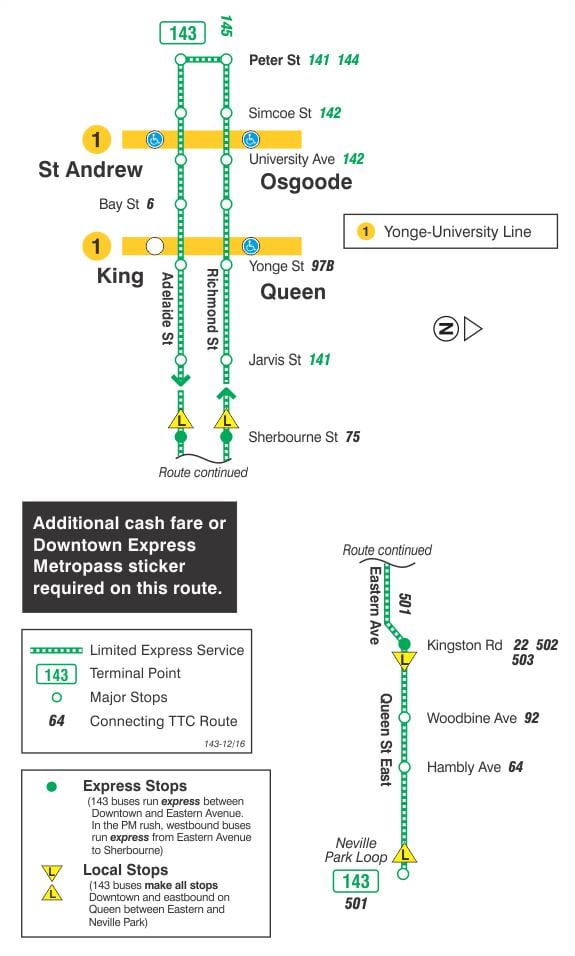 地図TTC143ダウンタウン/浜急行バス路線のトロント