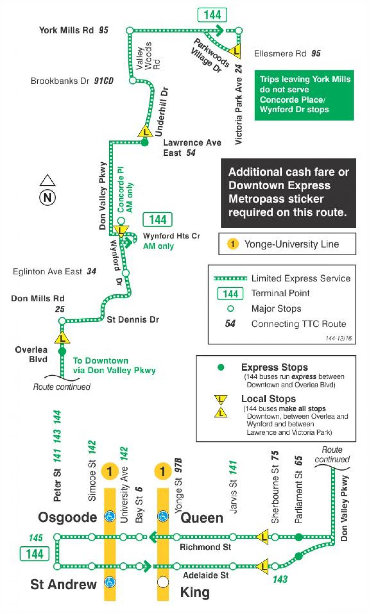 地図TTC144ダウンタウンドバレー特急バス路線のトロント