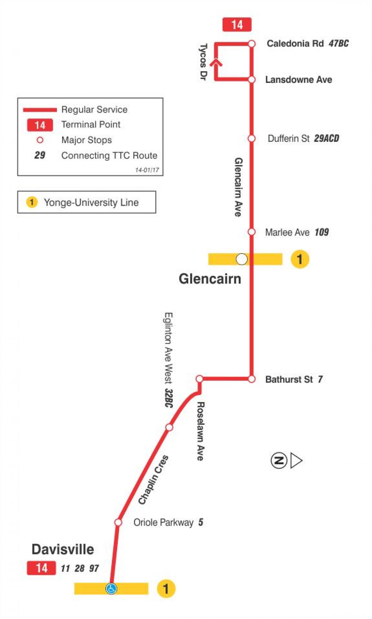 地図TTC14Glencairnバス路線のトロント
