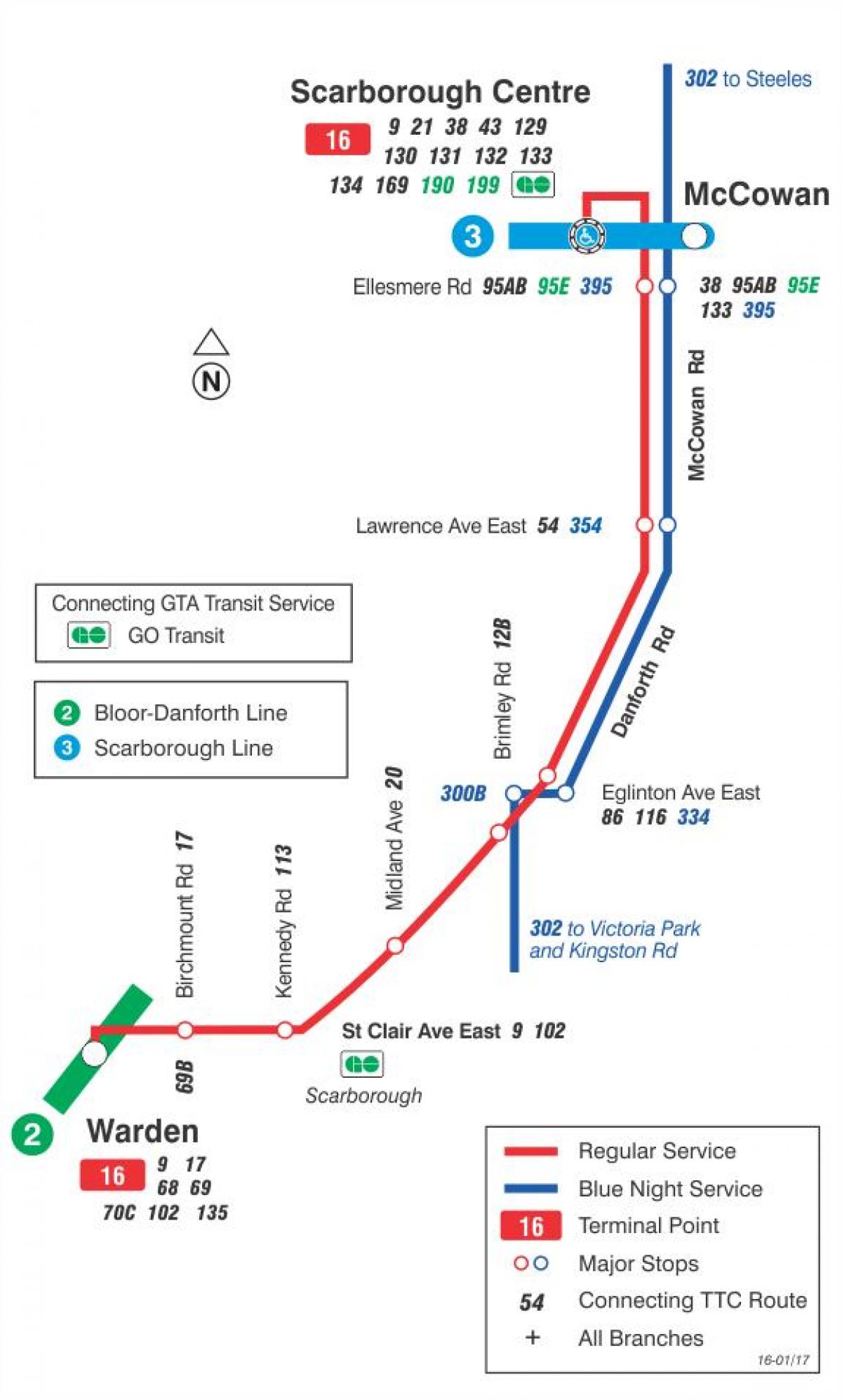 地図TTC16McCowanバス路線のトロント