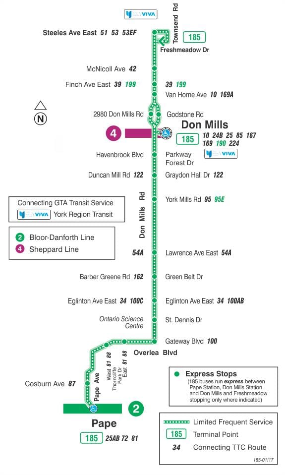 地図TTC185ドンミルズロケットバス路線のトロント