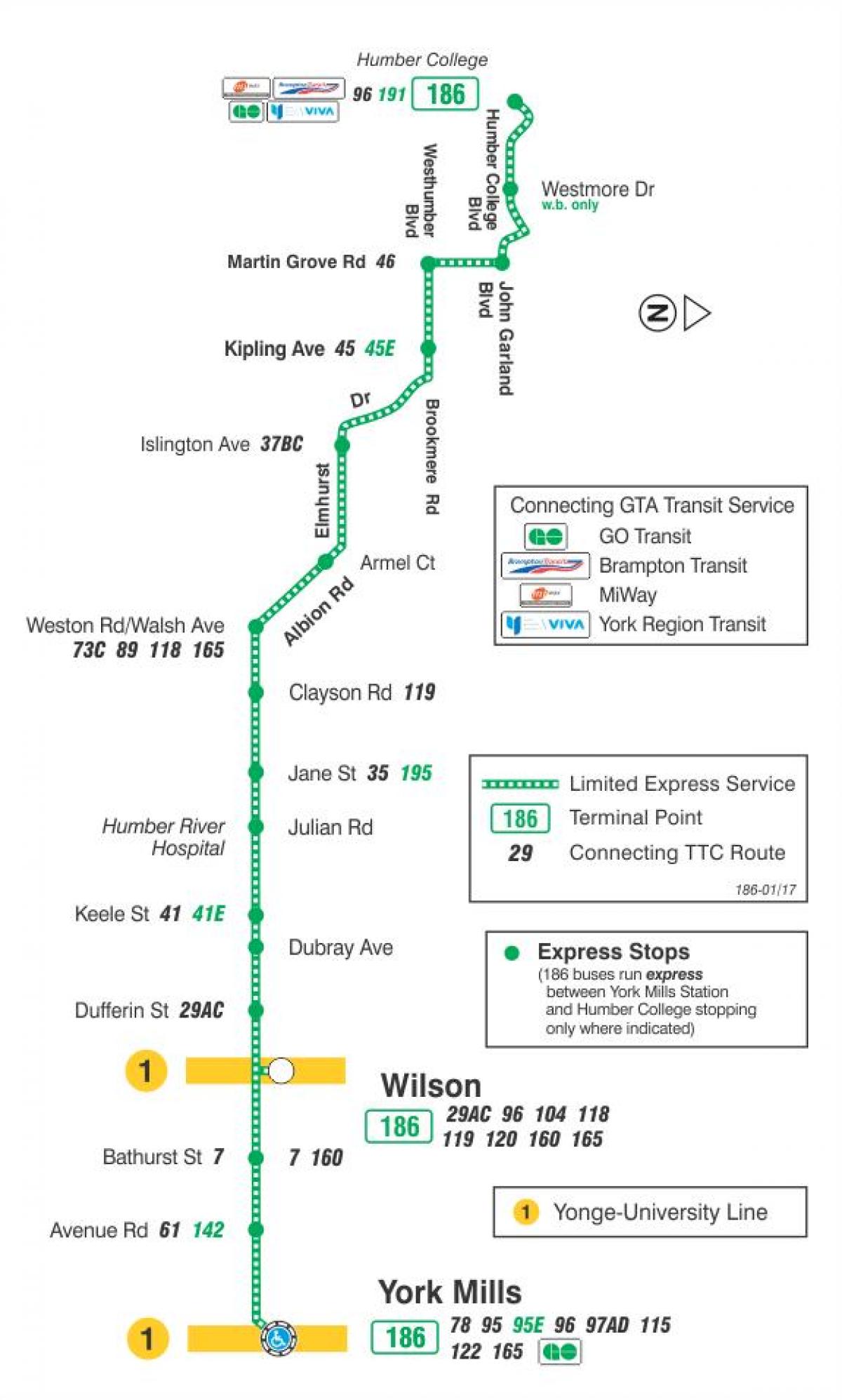 地図TTC186ウィルソンロケットバス路線のトロント