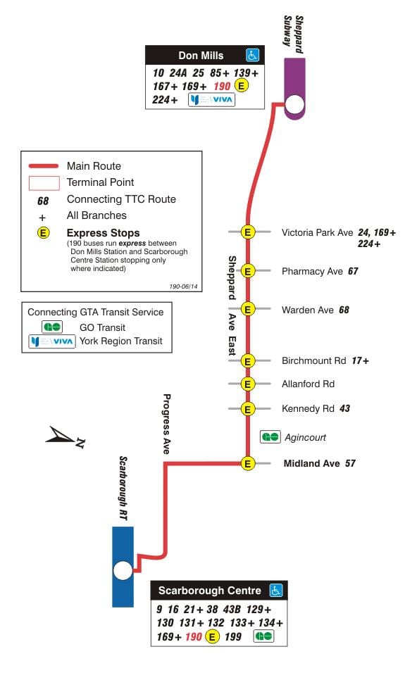 地図TTC190スカボロンロケットバス路線のトロント