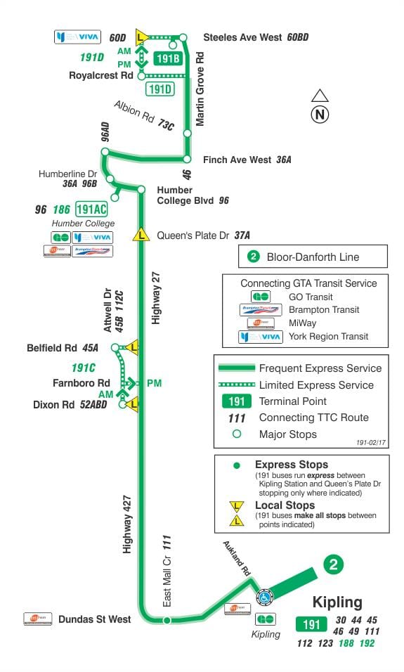 地図TTC191道27路線バスロケットトロント