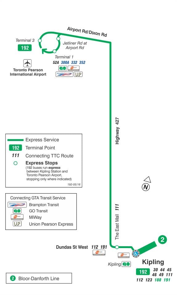 地図TTC192空港路線バスロケットトロント
