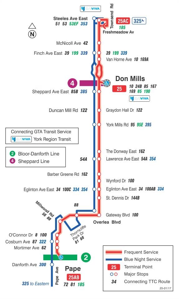 地図TTC25ドンミルズのバス路線のトロント
