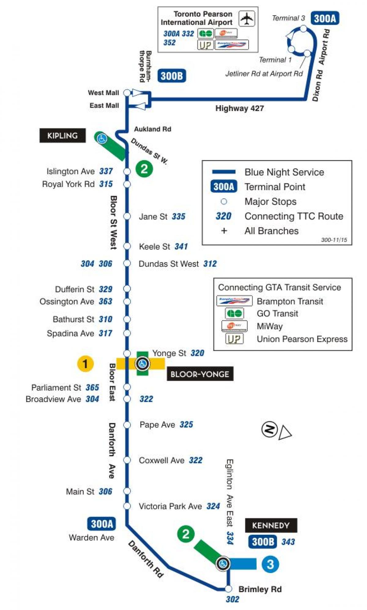 地図TTC300A Bloor-Danforthバス路線のトロント