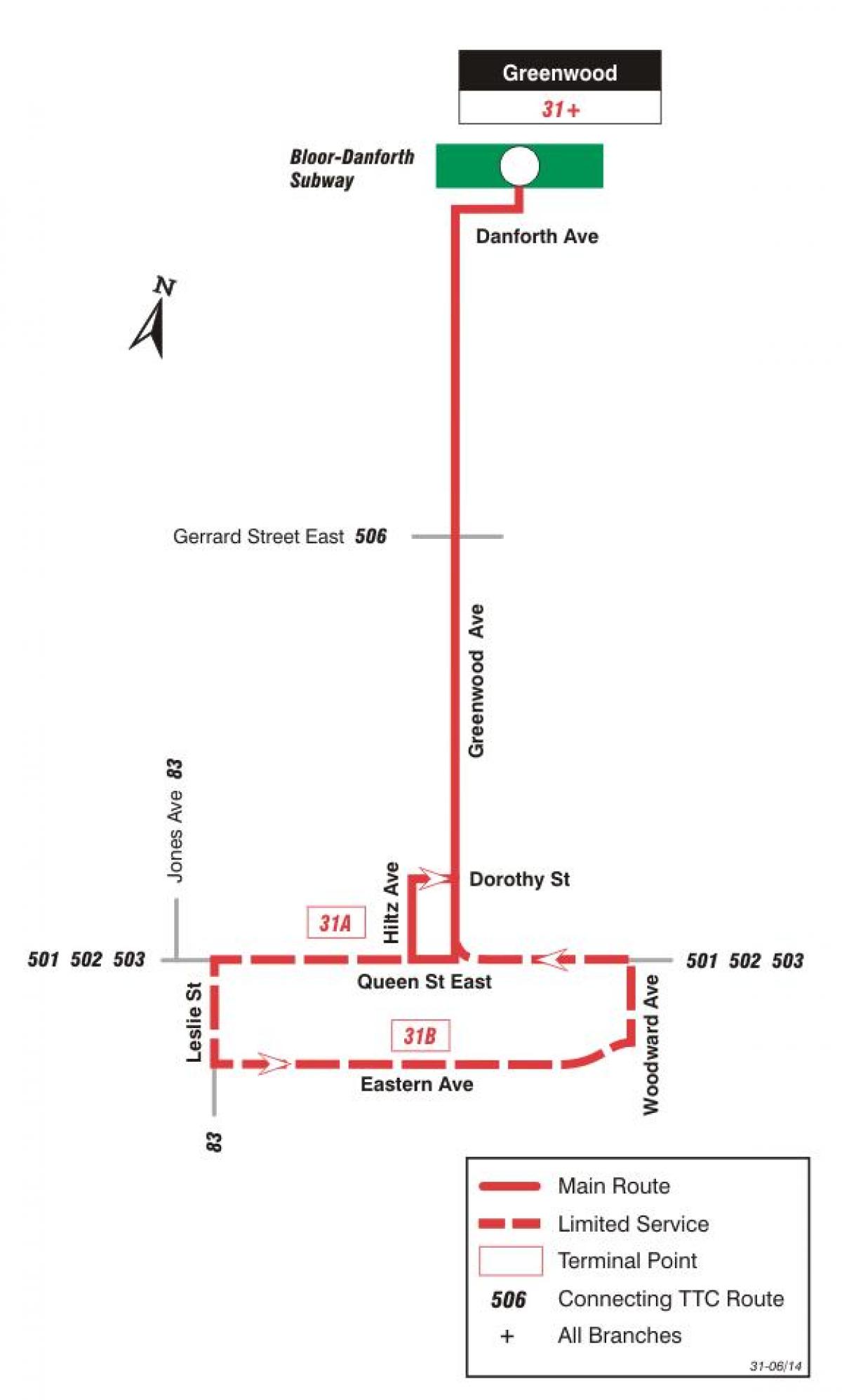 地図TTC31日グリーンウッドバス路線のトロント