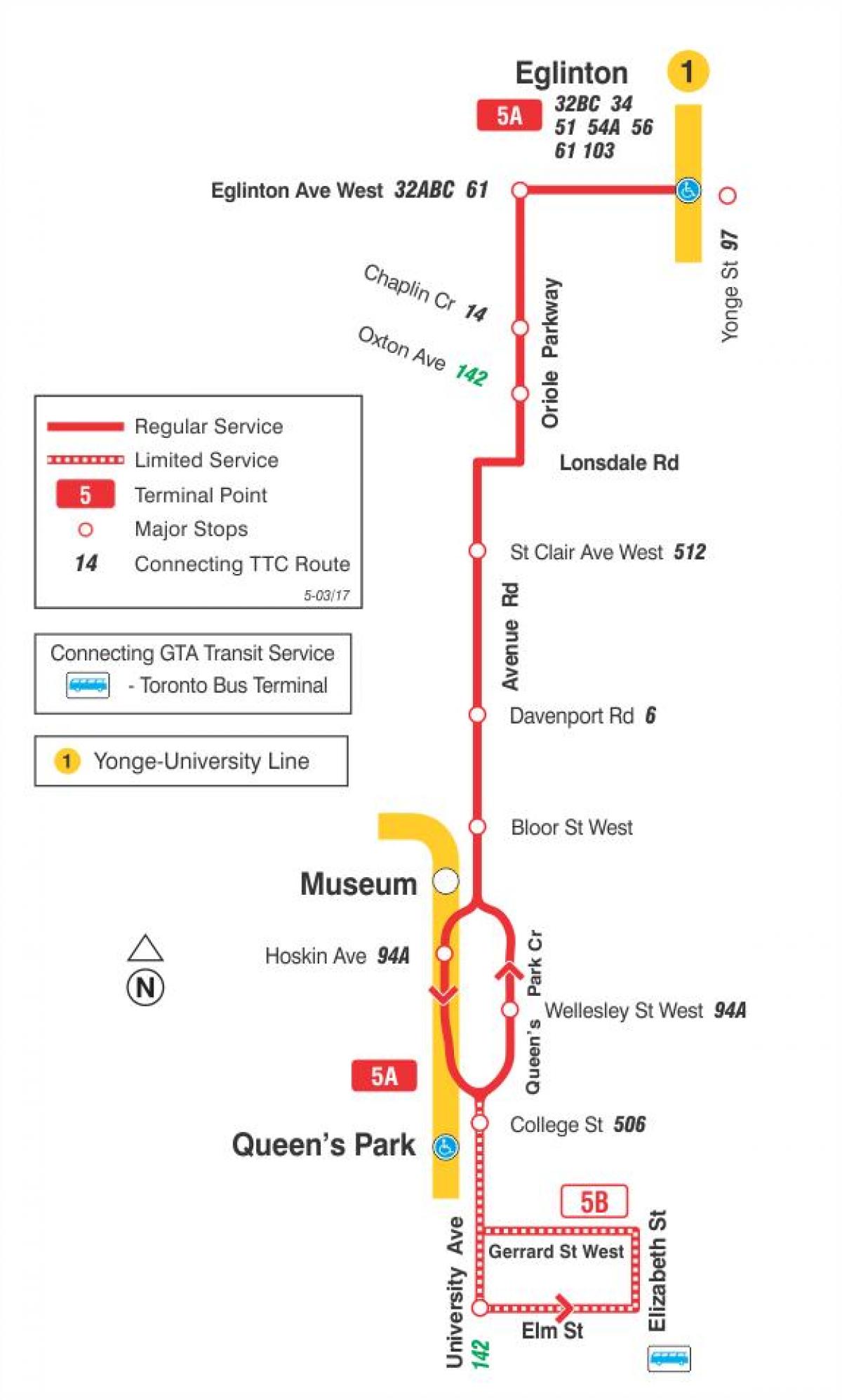 地図TTC5Avenue Rdバス路線のトロント