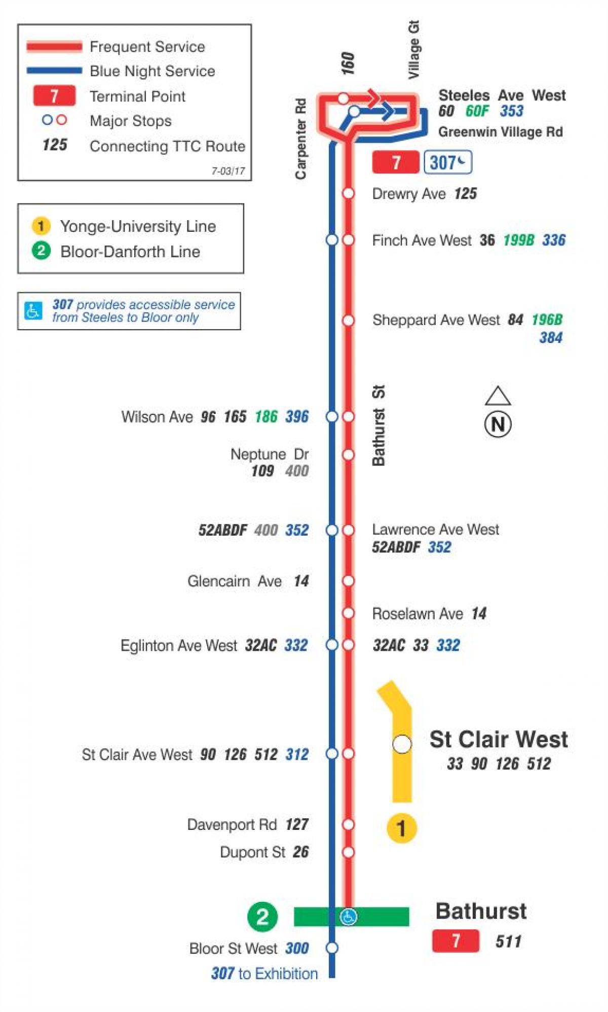 地図TTC7Bathurstバス路線のトロント