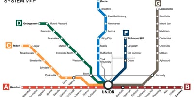 地図のトロントの列車の行き乗継