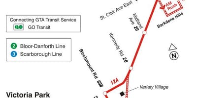地図TTC12キングストンRdバス路線のトロント