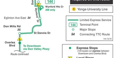 地図TTC144ダウンタウンドバレー特急バス路線のトロント