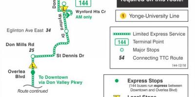 地図TTC144ダウンタウンドバレー特急バス路線のトロント