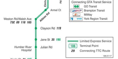 地図TTC186ウィルソンロケットバス路線のトロント